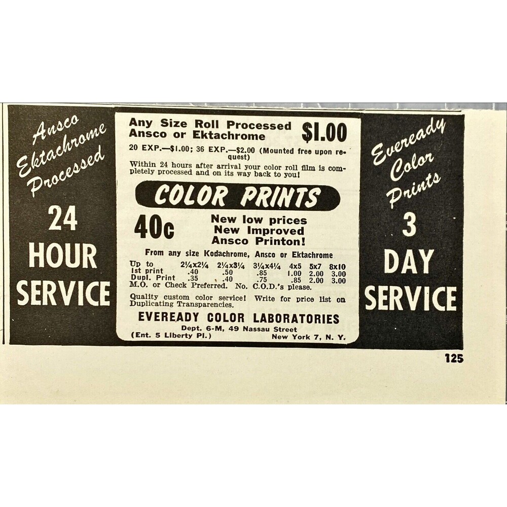 Eveready Color Laboratories "Color Prints 3 Day Service" Vintage Print Ad 1949